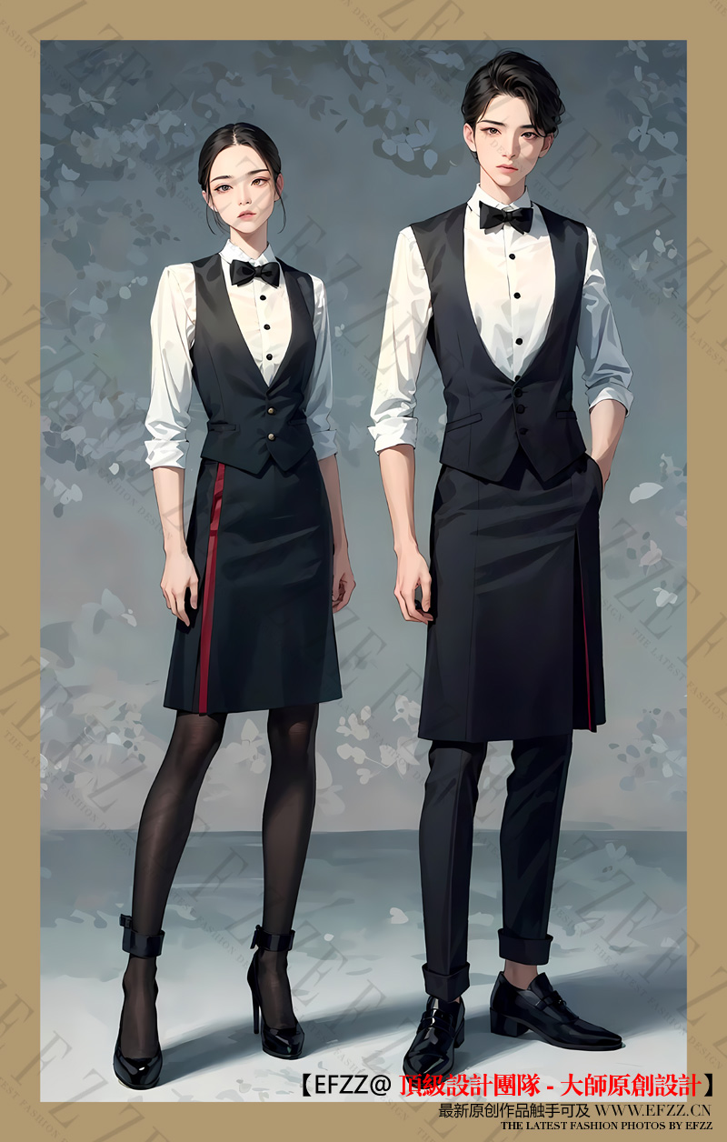 2024年酒店制服行业-西餐厅男女服务生手绘设计图